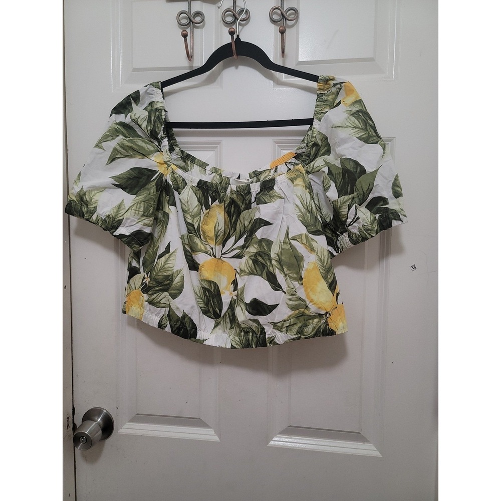NEW H&M Lemon Print Puff Sleeve Crop Top Womens L White Yellow Fruit Blouse